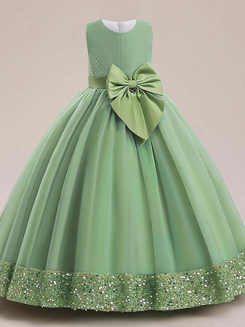 Product Introduction of Girl's Big Bow Decor Sleeveless Sequins Party Dress, Elegant Round Neck Fit & Flare Dress for Wedding Party, Kids Clothes for All Seasons, Girl Clothes 11
