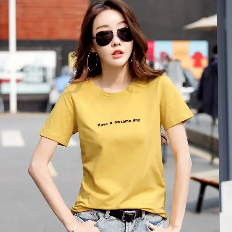 T Shirt Women Tops Tees Short Sleeve Summer Female Clothing Casual Basic Women's Shirt Letter Print Camisetas Mujer Womenswear Light Polyester Pullover Lingerie Comfort Crewneck Fabric Streetwear