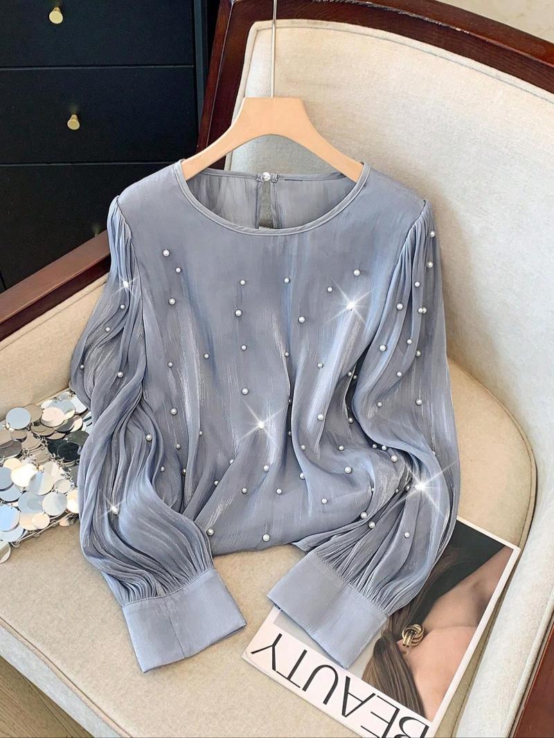 Product Introduction of Women's Glitter Faux Pearl Decor Crew Neck Blouse, Elegant Fashion Casual Long Sleeve Top for Daily Outdoor Wear, Women Clothing for Spring 4