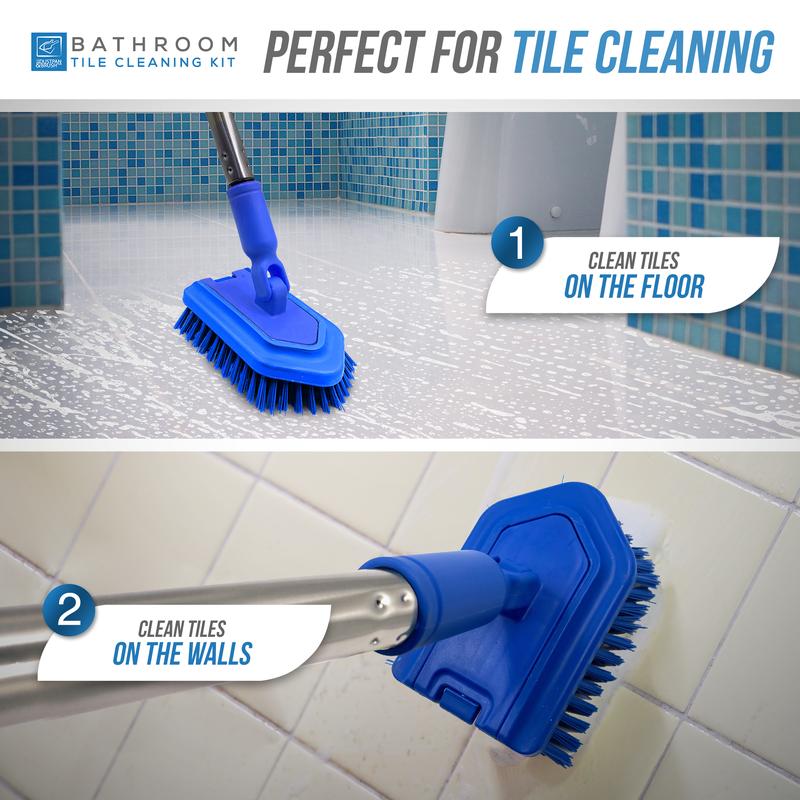 Long Handled Bathroom Cleaner - Easily Clean Tiles, Baths and Showers - Stiff Bristle Long and Durable Handle Brush Cleaning Pad Sponge Kit 6