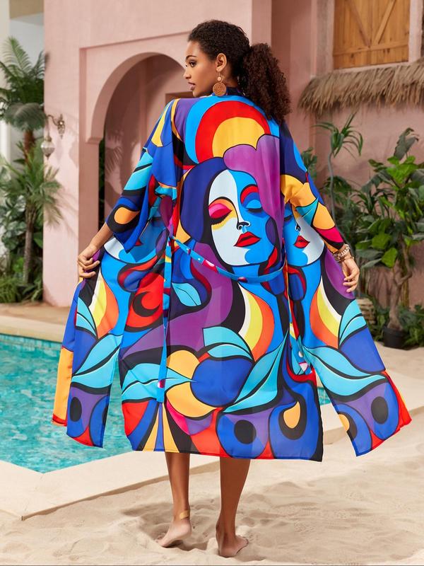 [Plus Size] Peacock & Floral Print Belted Wrap Kimono Cardigan, Casual Boho Three Quarter Length Sleeve Split Hem Kimono Cardigan, Women's Summer Swimwear for Beach Holiday Vacation 4