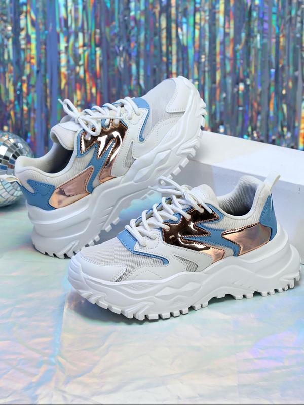 Women's Fashionable Patchwork Lace Up Low Top Sneakers, Casual Comfortable Breathable Sports Running Shoes, All-match Round Toe Chunky Sneakers for Daily Wear 6