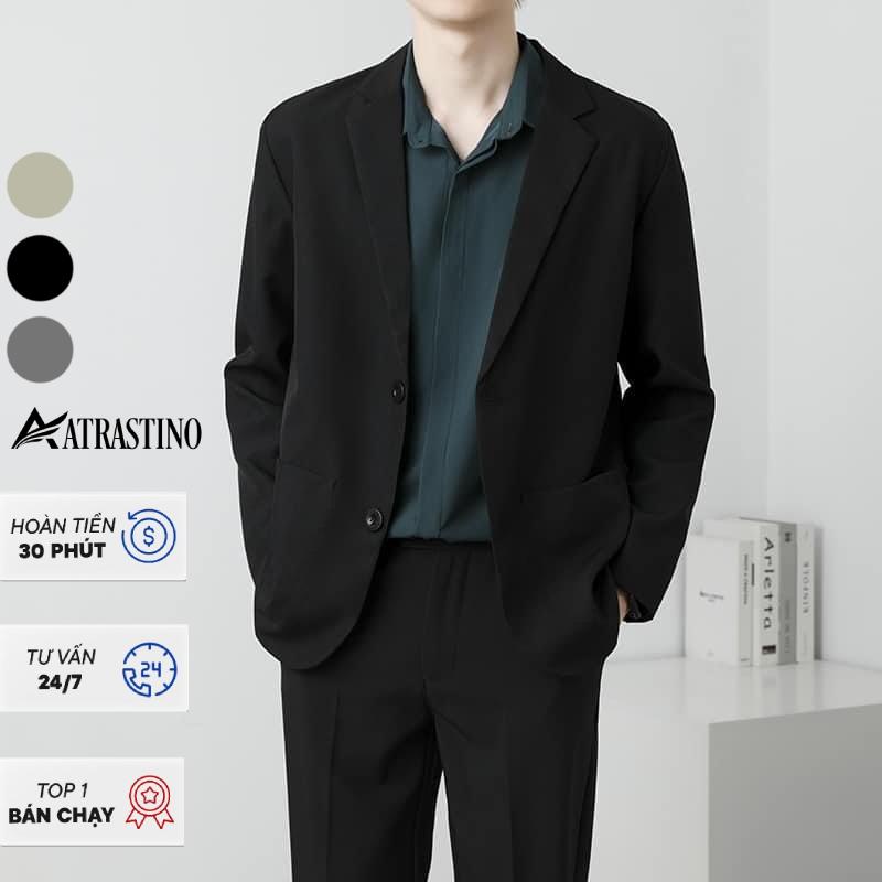 Áo khoác blazer nam form rộng hàn quốc màu đen, kem 2 khuy cài thương hiệu Atrastino