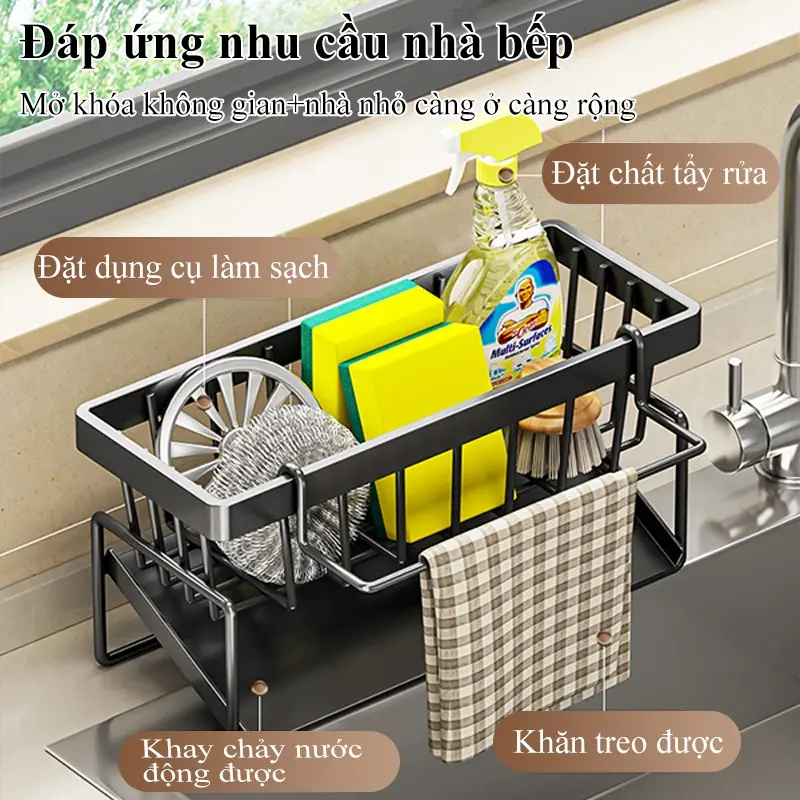 Kệ để đồ rửa chén bát, Giá đựng đồ rửa bát chất liệu thép không gỉ tích hợp giá treo khăn tiện lợi 5