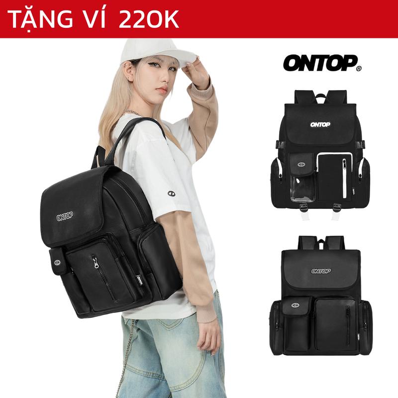 Balo nắp gập da và canvas đi học ONTOP nam nữ nhiều ngăn đen trơn đựng laptop local brand Renew Backpack | O-P024&O-P56