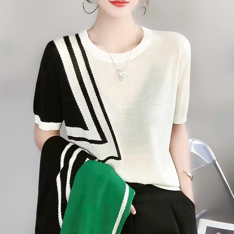 Áo Thun ngắn Tay Chất Liệu Lụa Lạnh Hàng Mới Về Mùa Hè, Dành Cho Nữ, Mỏng Và Không Đều, Có Màu Tương Phản Và Sọc, Cổ Tròn, Dáng Ôm, Áo Len Xếp Ly Top Women 2