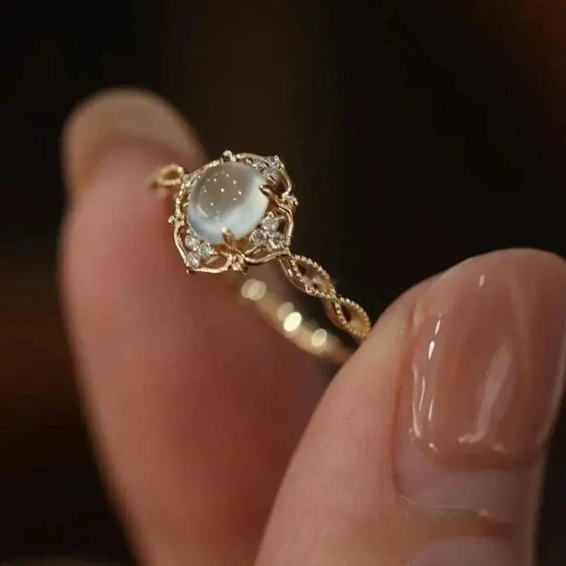 Gold Plated Natural Moonstone Cats Eyes Ring for Women Fashion Luxury Geometric Design Rings Open Adjustable Ring Trendy Jewelry rose  gold