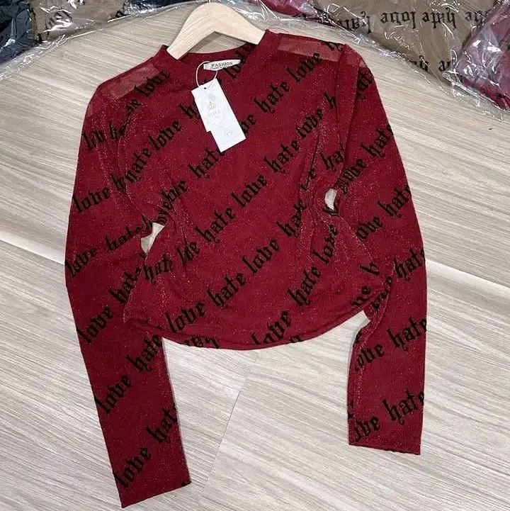 Áo Croptop Dài Tay Thun Lưới Nhũ Họa Tiết Chữ Women Cổ Tròn