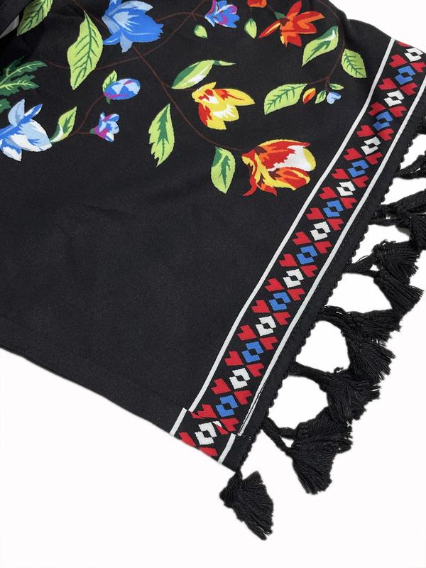 Women's Floral Ethnic Pattern Fringe Trim V Neck A Line Dress, Boho Fashion Short Sleeve Short Dress for Daily Holiday Vacation Wear, Ladies Dress for Summer 5