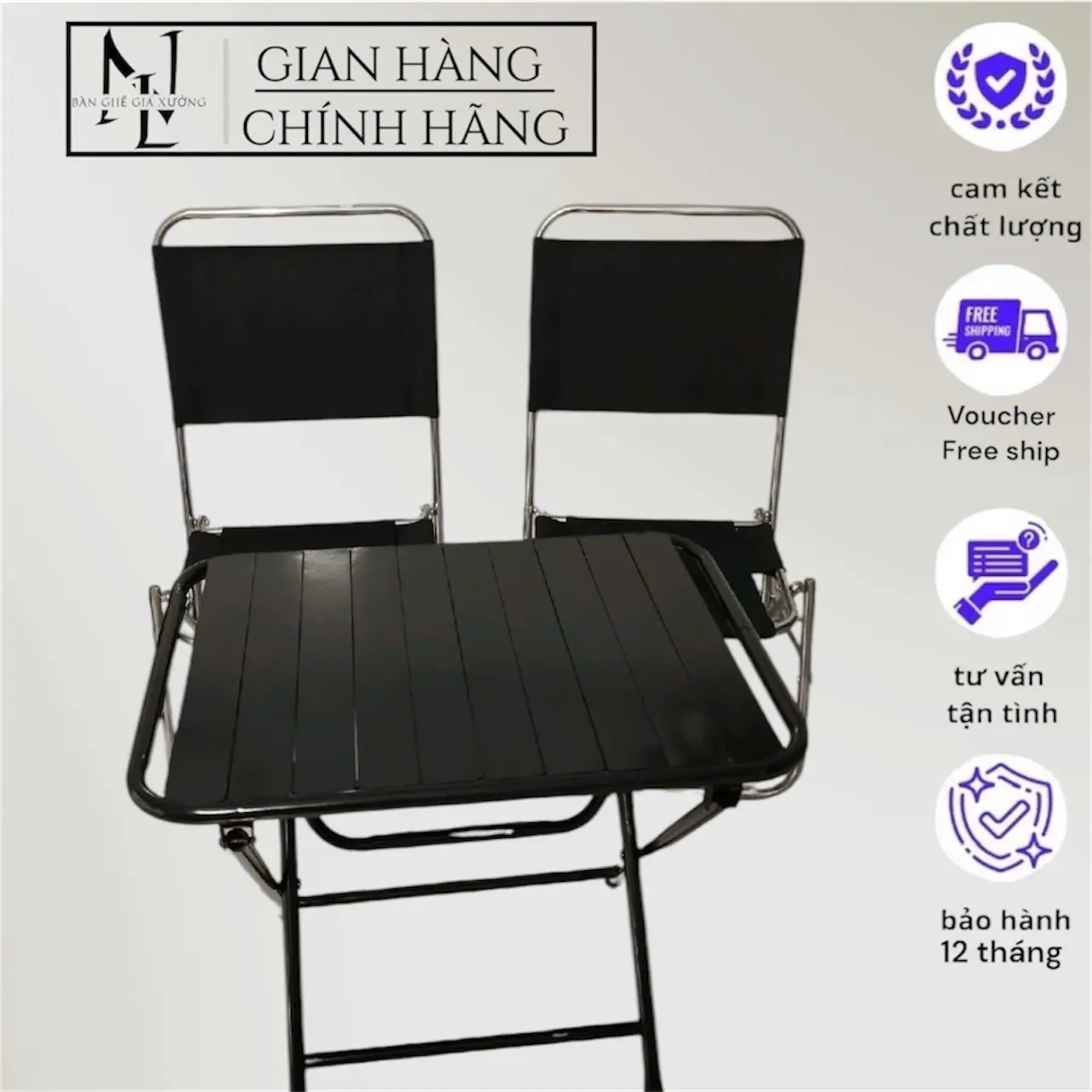 [1 bàn 2 ghế] 2 ghế inox lưng thấp 72cm + 1 bàn lá đen, bộ bàn ghế xếp gấp gọn, bộ bàn ghế cà phê combo