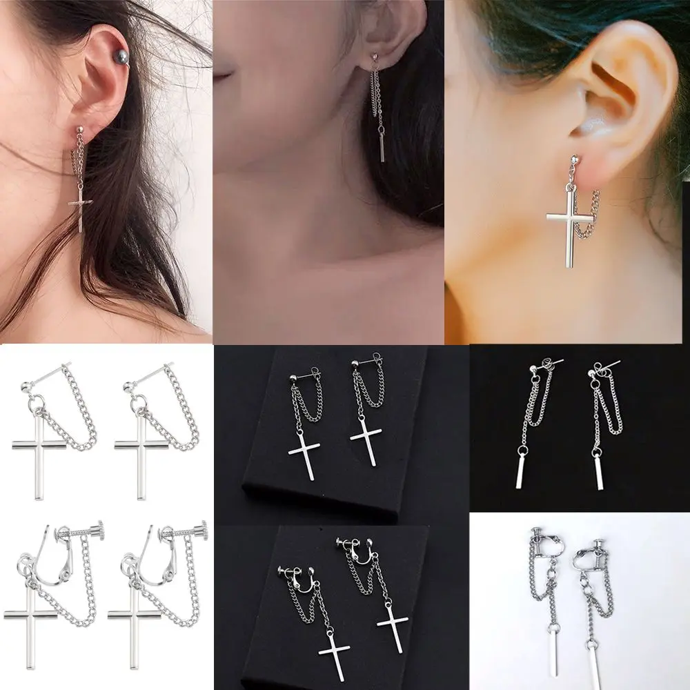 Bông Tai Dây Chuyền Chữ Thập, Đen Trông Đẹp Trai Và Siêu Ngầu, Không Cần Xỏ Lỗ, Kiểu Kẹp Tai, Bungee