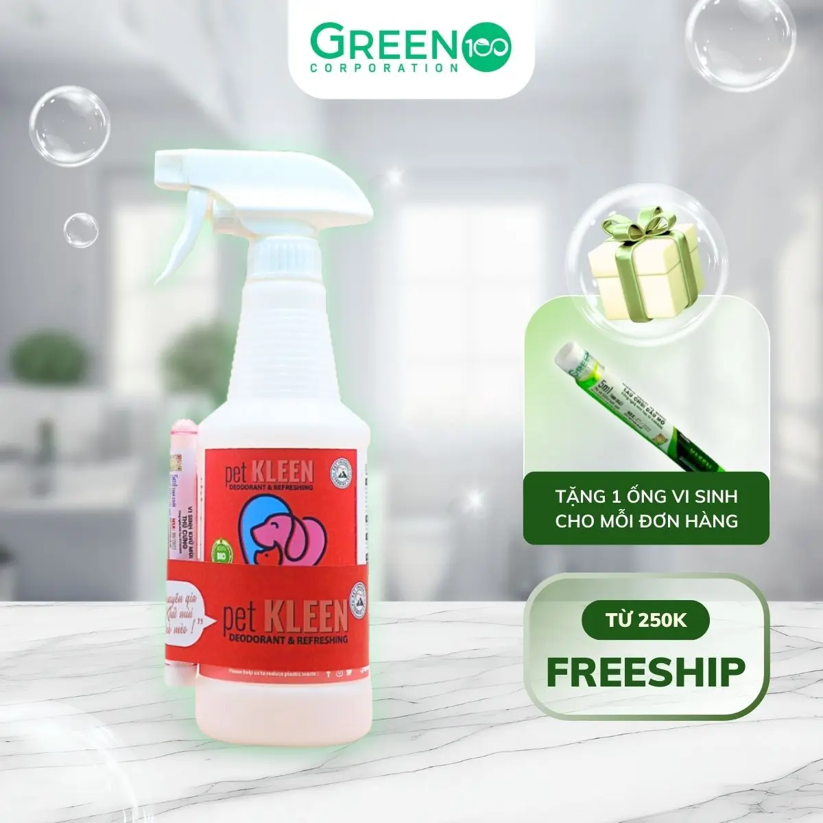 Bộ Vi Sinh Khử Mùi Thú Cưng Pet Kleen Lau Chùi Chuồng Khay Cát Ngăn Mùi (1 Chai 500ml + 1 Ống 5ml)
