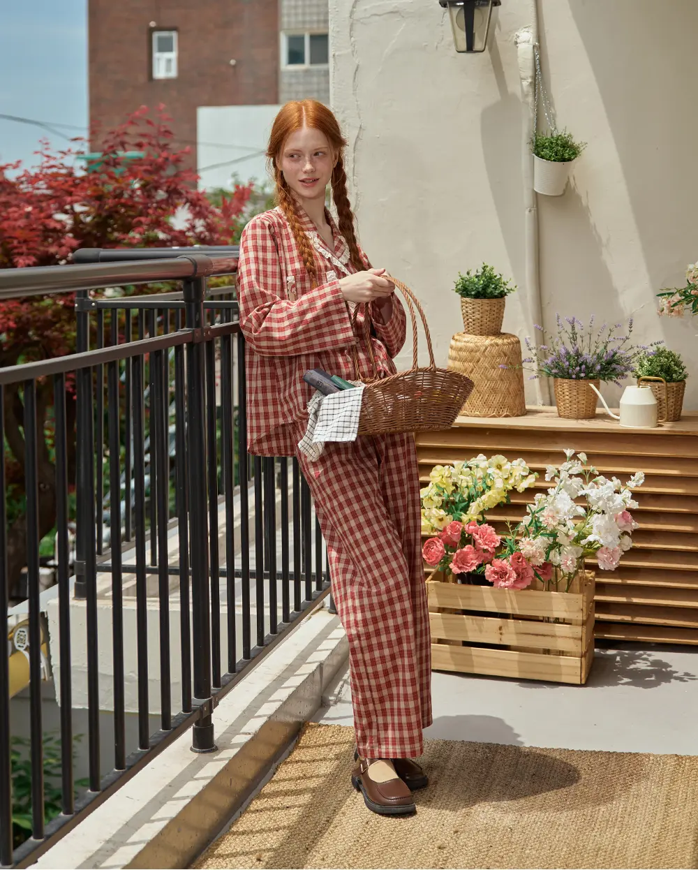 Bộ ngủ nữ Ullala kẻ caro đỏ nâu dài tay Chocolate Women Cotton Áo
