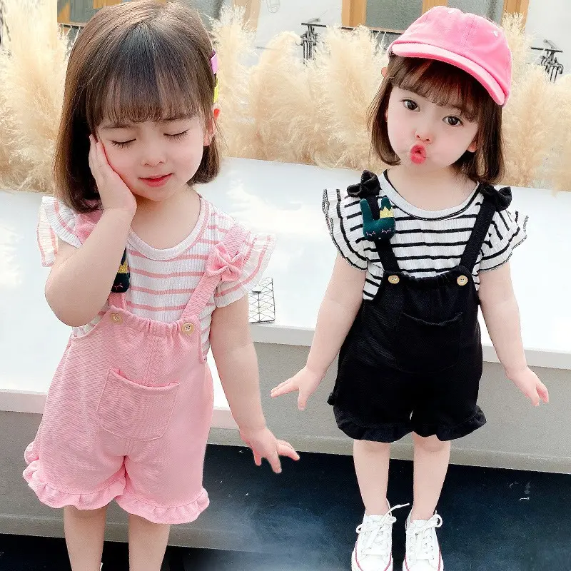 Setelan Set 2in1 Overall Anak Bayi Perempuan Kodok Garis Strip Pendek Import Cewek Parsel 0