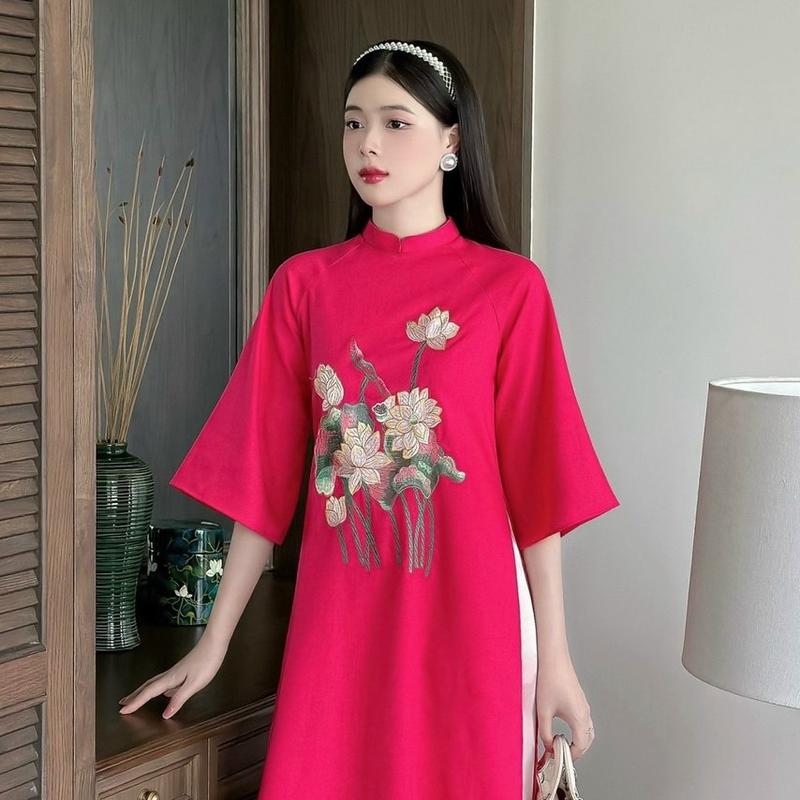 [Tiệm nhà Mây-M001] Áo dài Nhã Linh chất linen thêu hoa, quần Ngọc trai 2