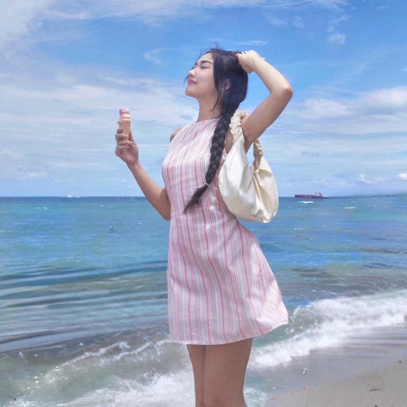 Đầm 2 dây ôm dáng ngắn sọc N8 Nữ hồng xanh đen váy thường mặc Women Cotton