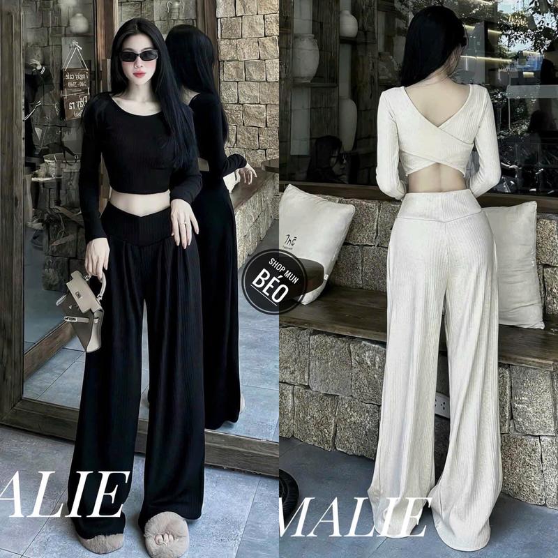 Set bộ quần dài ống rộng kèm áo tay dài chéo lưng chất thun gân dày co giãn thích hợp mặc ở nhà đi làm đi chơi Nữ