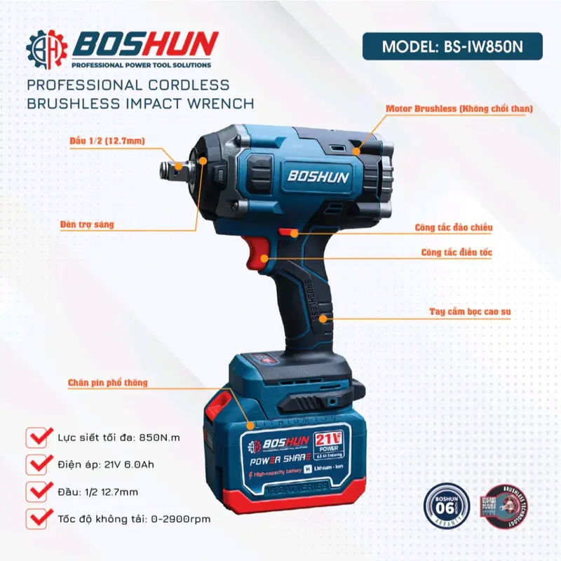[Chính hãng] Máy siết bulong Boshun BS-IW850N lực siết 850Nm, 3 cấp chỉnh lực động cơ không than, đầu đặc 1/2 bộ kèm 2pin 15cell 1