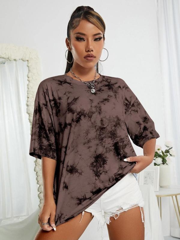 Women's Tie Dye Print Drop Shoulder Sports Tee, Sporty Round Neck Half Sleeve T-Shirt, Ladies Sportswear for Indoor Outdoor Wear 7