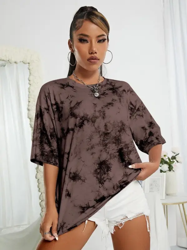 Women's Tie Dye Print Drop Shoulder Sports Tee, Sporty Round Neck Half Sleeve T-Shirt, Ladies Sportswear for Indoor Outdoor Wear 7