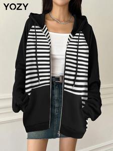 YOZY Women's Striped Print Drawstring Zip Up Hoodie Coat, Casual Long Sleeve Pocket Raglan Sleeve Outerwear for Daily Wear, Ladies Clothes for All Seasons