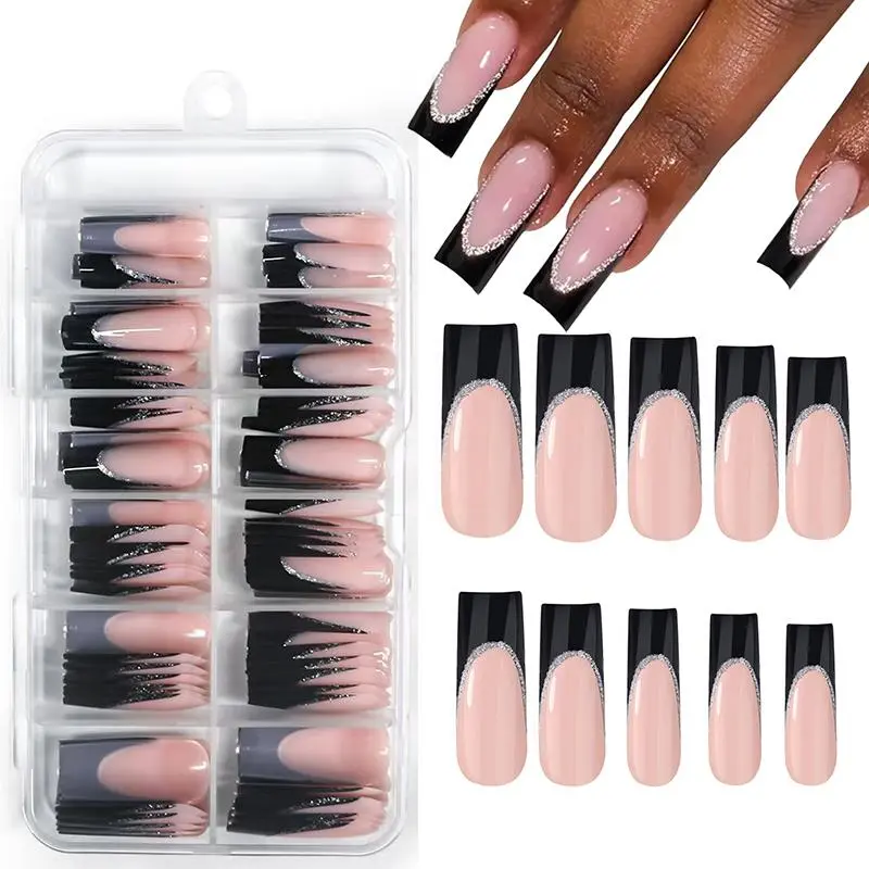 Long Square Fake Nails, 120pcs/box Black French Tip False Nails, Natural Skin Tone Acrylic Nails Press on for Women Girls Artificial Fingernails