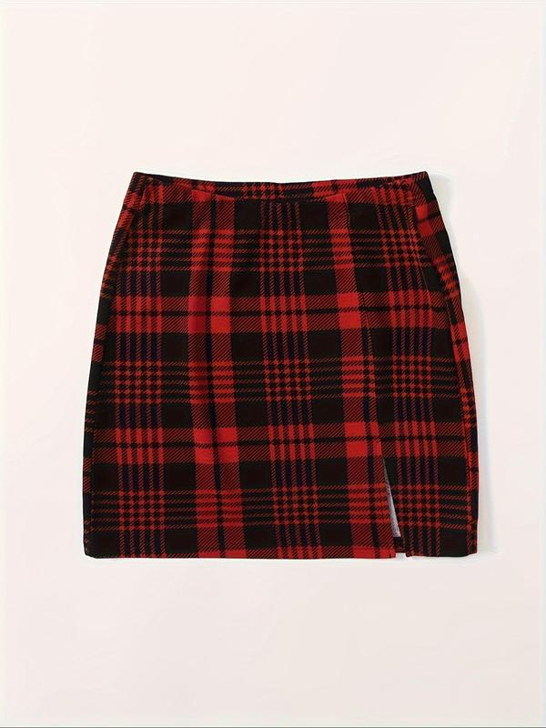 Women's Plaid Print Split Hem Skirt, Elegant Fashion Casual Short Skirt for Daily Outdoor Wear, Women's Bottoms for Spring & Fall 3