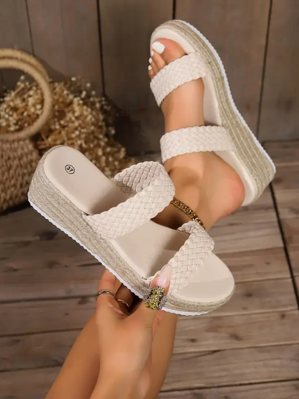 Women's Fashionable Braided Design Slip on Wedge Sandals, Casual Comfortable Thick Sole Sandals for Summer, New Trendy Sandals for Daily Wear 4