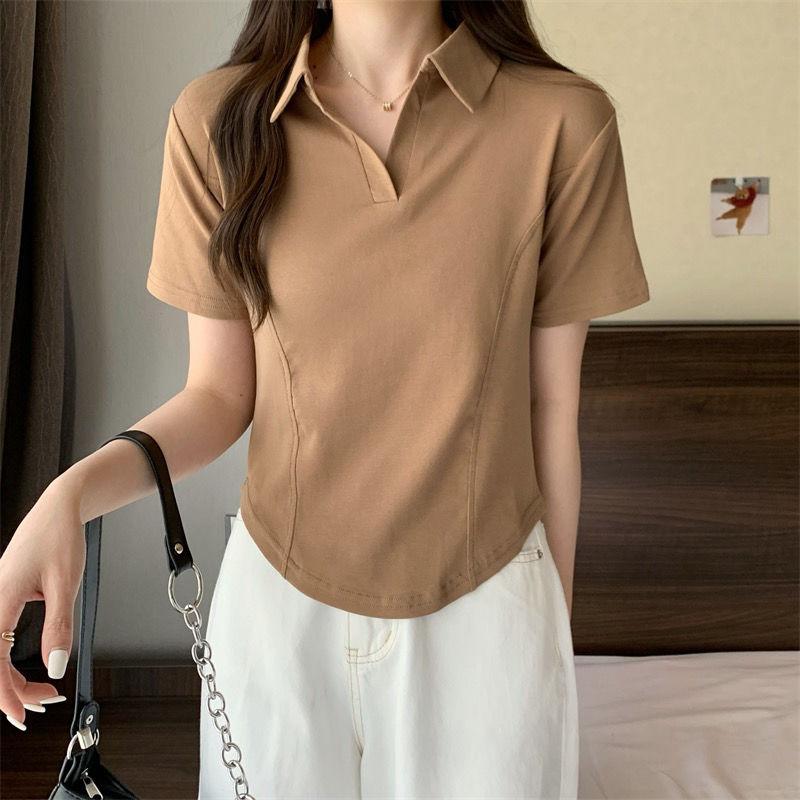 Product Introduction of Summer New Korean Style Polo Collar Solid Color Short-Sleeved Top for Women Slim Casual All-Match T-shirt Women 12