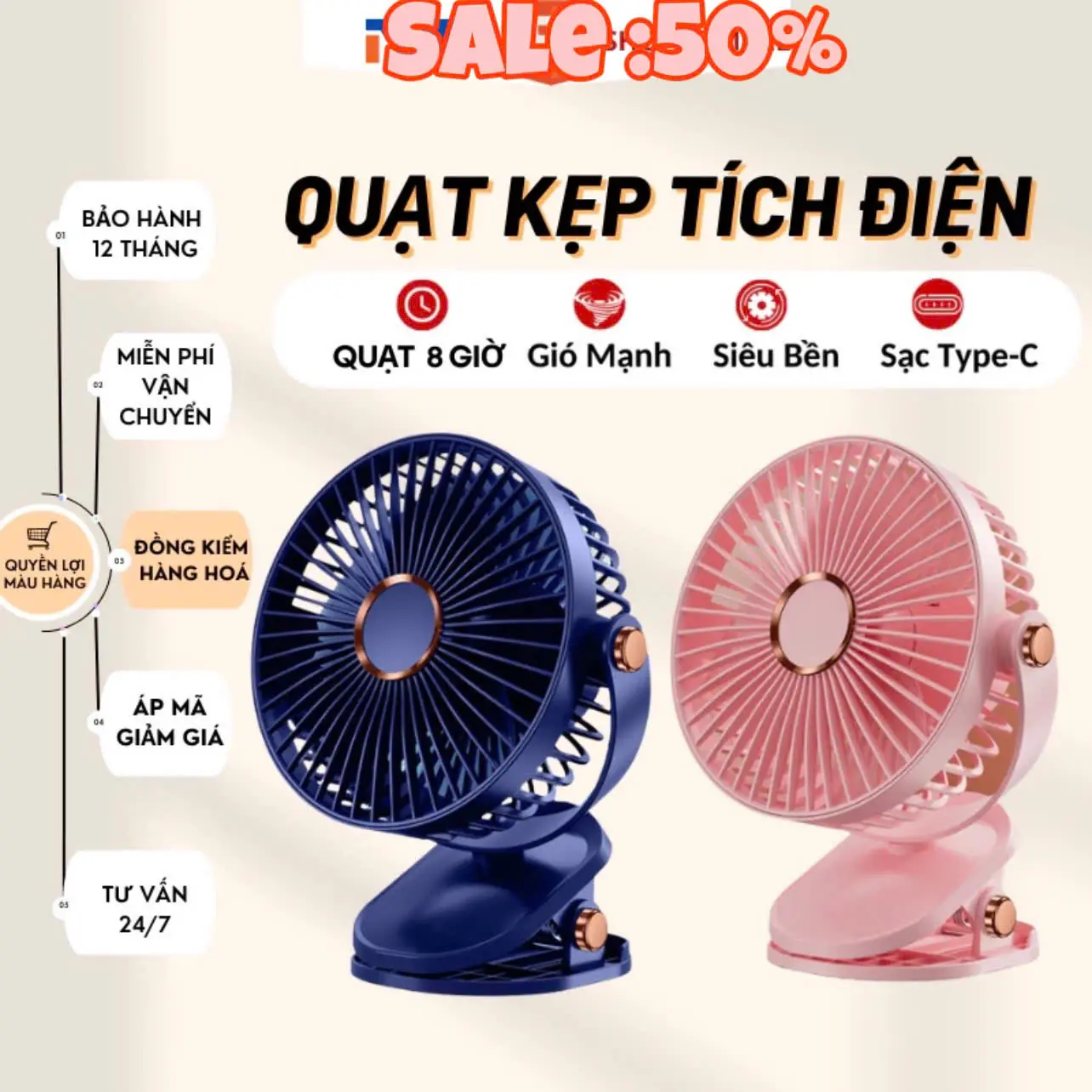 Quạt kẹp tích điện A1 5000mAh màu Xanh/Hồng - Công suất lớn, không tiếng ồn, phụ kiện đầy đủ