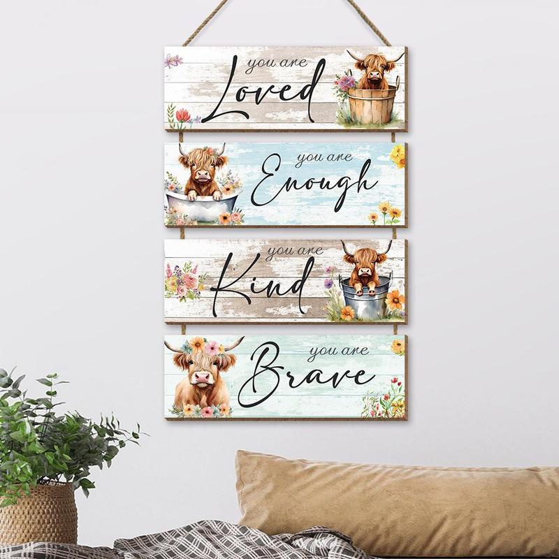 Product Introduction of Highland Cow & Flower & Letter Pattern Wooden Sign, 4 Counts/set Farmhouse Themed Wall Hanging Ornament, Wall Decor for Home Living Room Bedroom Kitchen 3