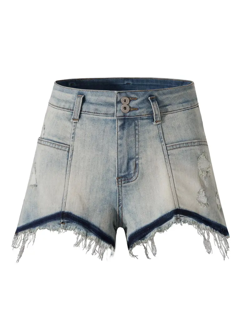 Product Introduction of Women's Plain Raw Hem Pocket Denim Shorts, Casual Fashion Button Decor Shorts for Daily Wear, Ladies Bottoms for Summer 1