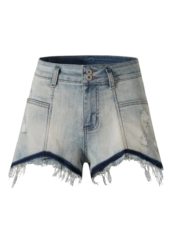 Women's Plain Raw Hem Pocket Denim Shorts, Casual Fashion Button Decor Shorts for Daily Wear, Ladies Bottoms for Summer 0