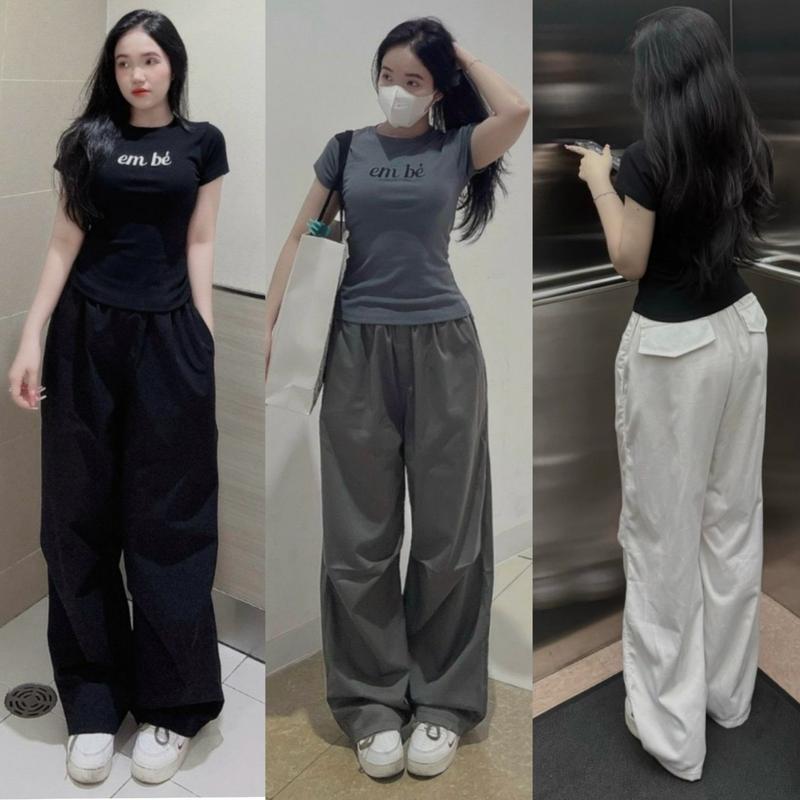 Quần ống rộng cạp chun thun lưng cao có túi màu đen trắng ghi dáng dài chất dù Quần tây ống suông nữ đi học đứng dáng