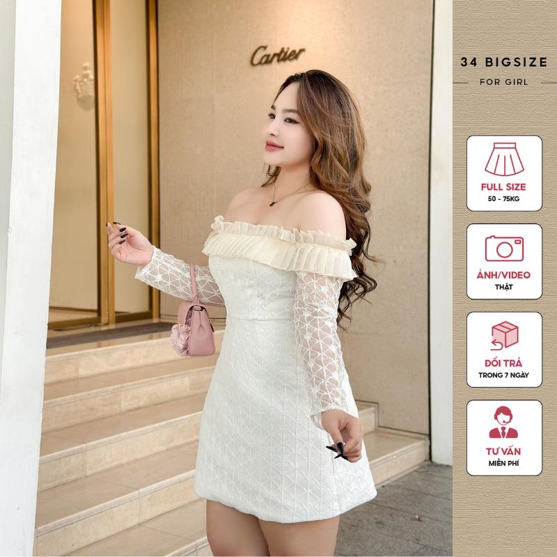 Đầm dập li bẹt vai 34DA020 34 BIGSIZE đầm trễ vai tay dài phối ren họa tiết sang chảnh đầm cao cấp đi tiệc cho nữ