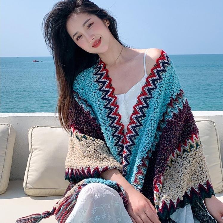 Khăn choàng thổ cẩm len dệt kim, kiểu dáng boho vintage, áo choàng len bản to, dày dặn, ấm áp DAKY