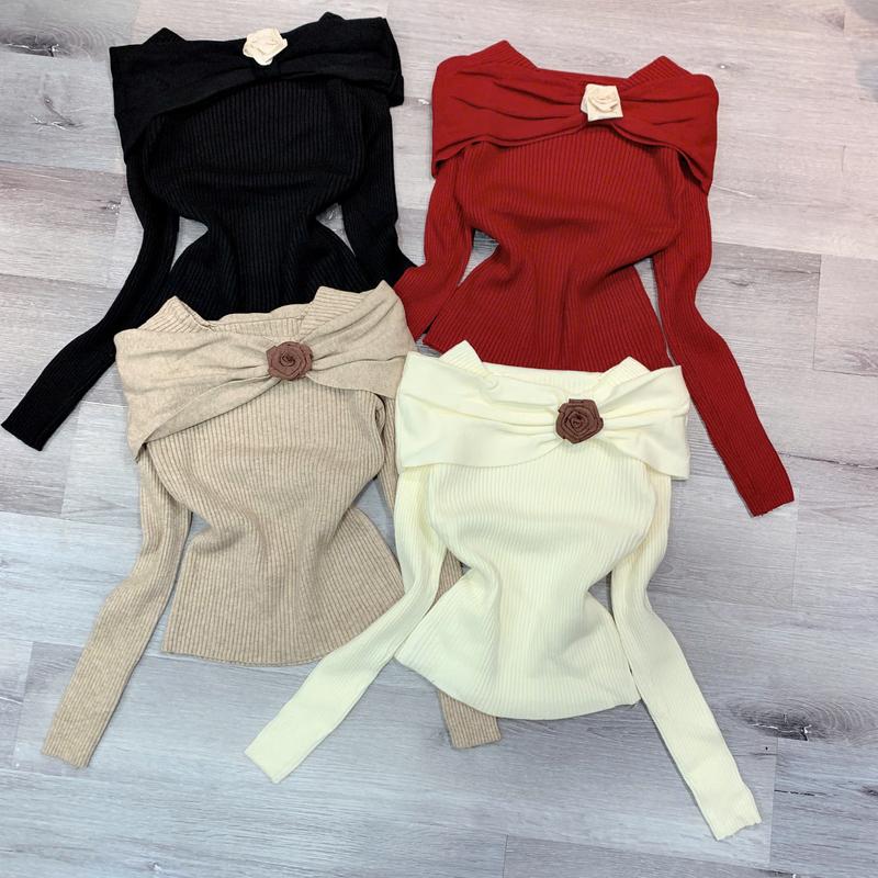 nhatran - Áo len nữ tay dài cổ bẹc vai chất len dầy mềm mại mịn không xù phom ôm tiểu thư Women [MỘT BÔNG] Dài Tay