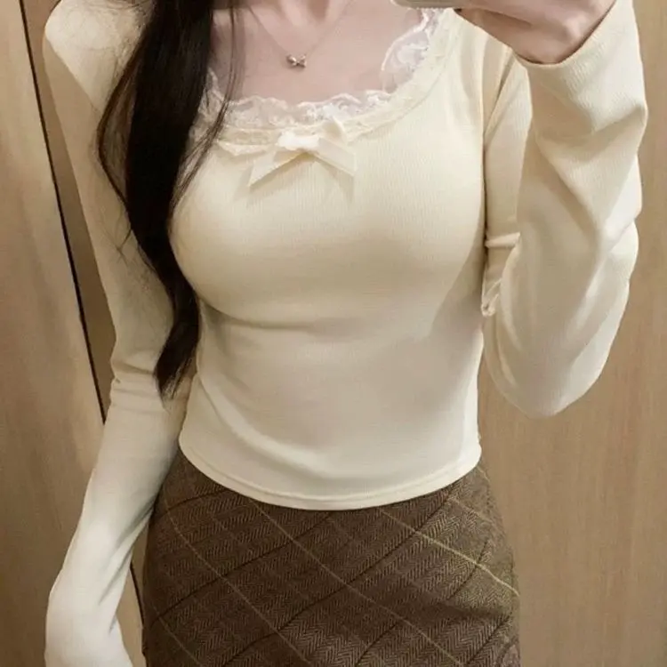 Áo lớp cơ sở phù hợp bên trong ren, dễ thương và gợi cảm, dành cho phụ nữ, Thích hợp cho đầu thu và mùa đông, Hàng mới về năm 2024, có nơ, cổ áo thấp ngắn, áo trà Pháp 5