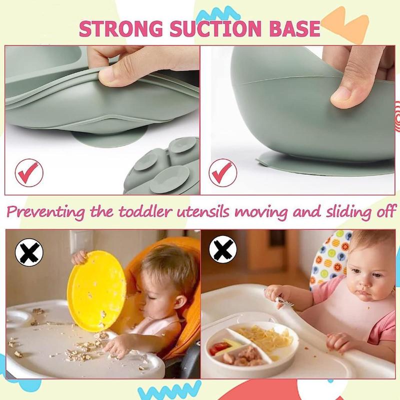 Product Introduction of 6pcs Baby Feeding Set Silicone Eating Food Plate Set with Suction Cup For Kids Baby Essentials Includes Baby Plate, Bowl, Bib, Cup, Spoon and Fork BPA Free Baby 6-Piece LED Weaning Utensils Set Supplies for Infants 40