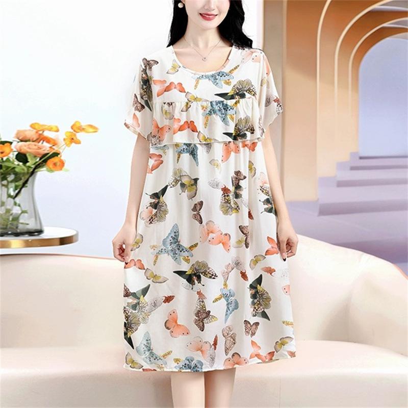 Strictly Selected Printed Artificial Cotton Nightdress Women's Summer High-Grade Ice Silk Skirt Thin Short Sleeve Pajamas plus Size A- line Dress 1