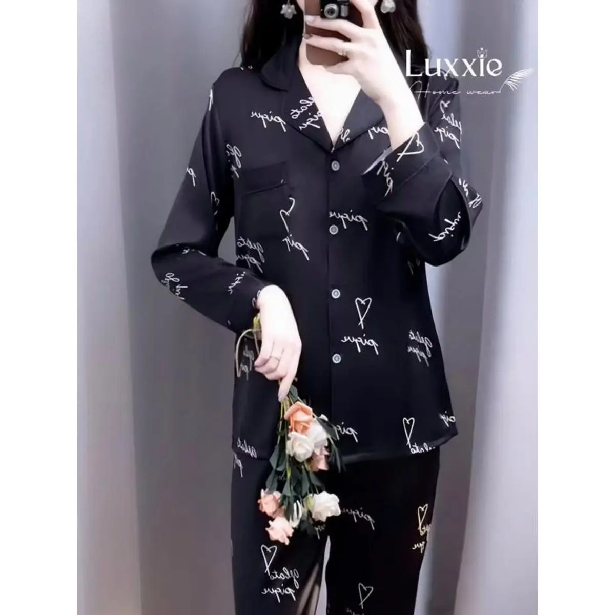 Đồ Bộ Nữ Pijama Bộ Lụa latin Tay Dài cổ sơ mi VVVNN Women Quần Ngủ