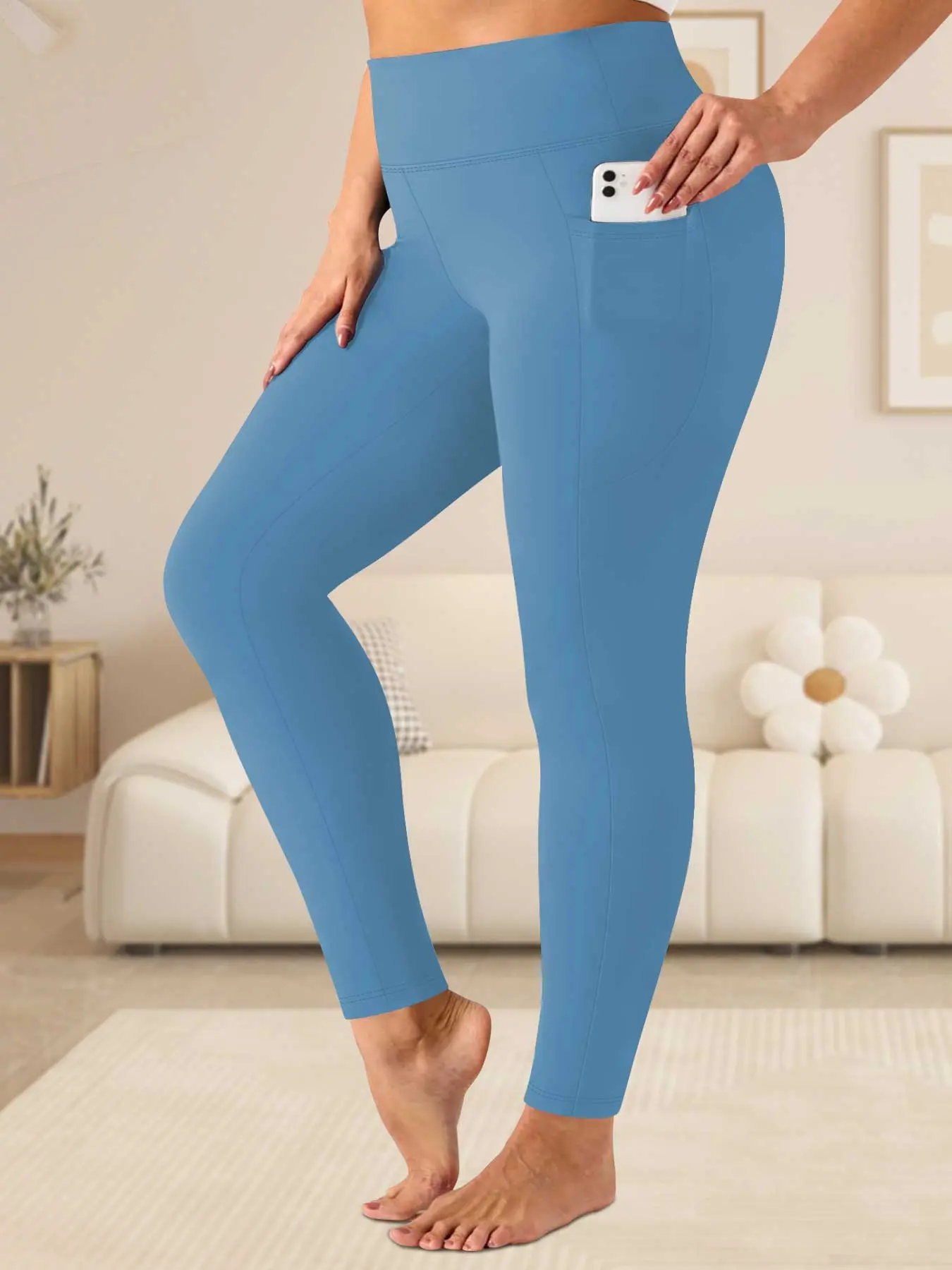 【 Plus Size】 Solid High Waist Pocket Leggings, Casual Comfy Breathable Skinny Pants for Daily Wear, Women's Bottoms for All Seasons