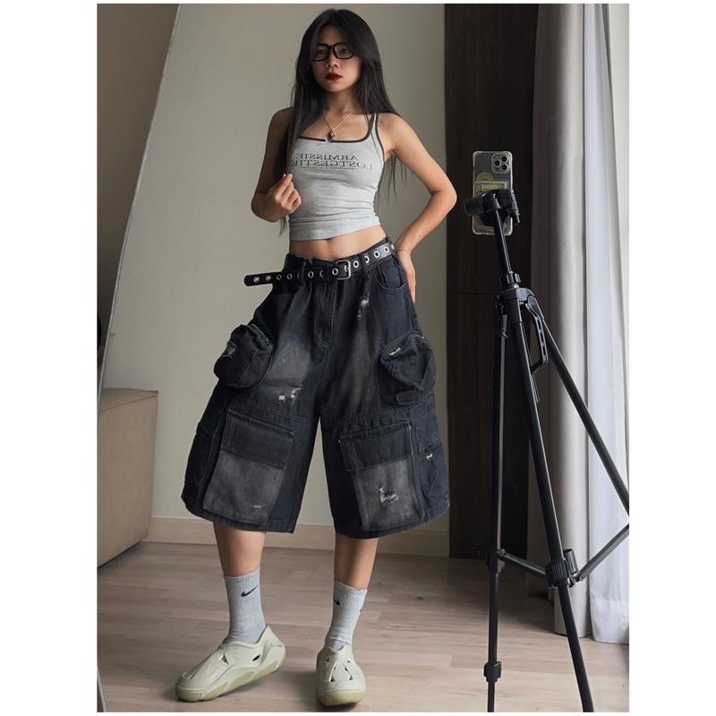 (ẢNH THẬT) Quần Lửng túi hộp đen, chất jean dày dặn, siêu cá tính,  unisex nam nữ đều mặc được