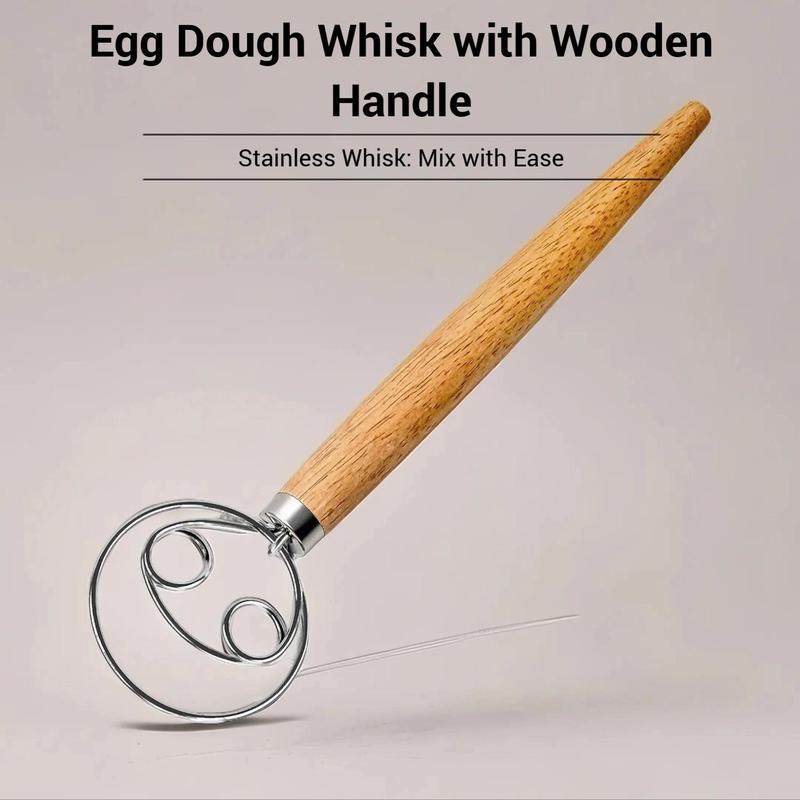 Dough Whisk, 1 Count Stainless Steel 2-hole Design Dough Mixer, Manual Mixer with Wooden Handle, Baking Tool for Kitchen, Kitchen Accessories, Home Utensils 2