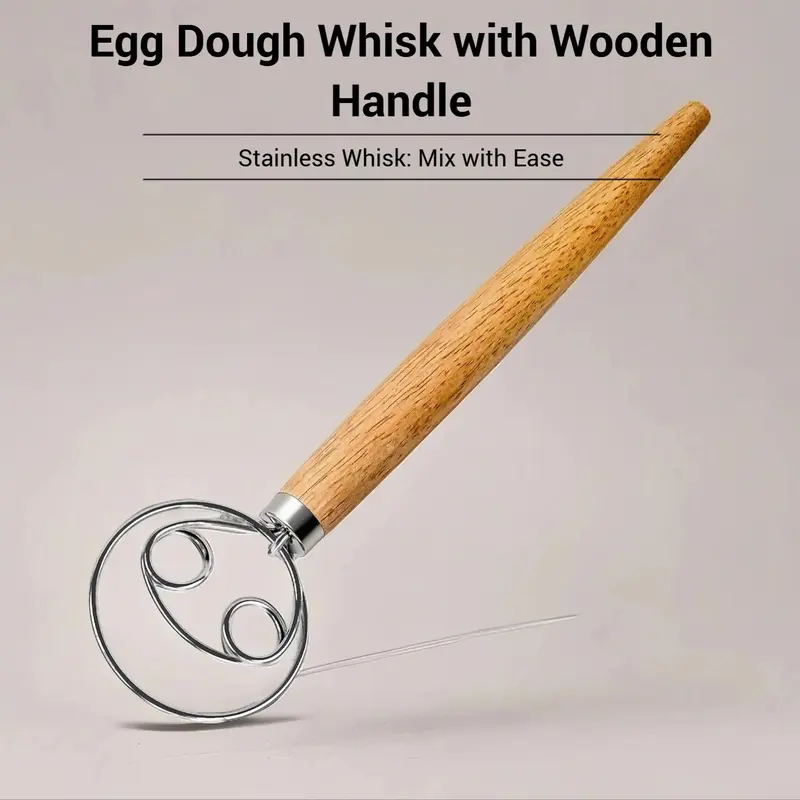 Dough Whisk, 1 Count Stainless Steel 2-hole Design Dough Mixer, Manual Mixer with Wooden Handle, Baking Tool for Kitchen, Kitchen Accessories, Home Utensils 1