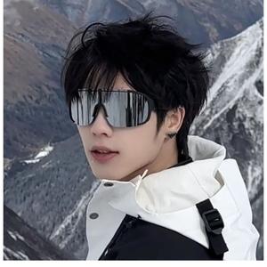 FS Oversized Biker Sunglasses Mirror Lens Korea Ski Gaya Lelaki UV400 Kaca Mata Viral TikTok Futuristic Outdoor Adventure Look Cermin Mata Hitam