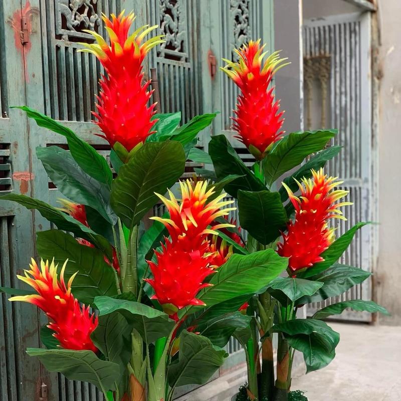 Cây đuốc 5 bông cao 1.5m cây nhân tạo (kèm  chậu nhựa và cỏ xanh trang trí gốc) Decor Phòng Trang Trí Nhà