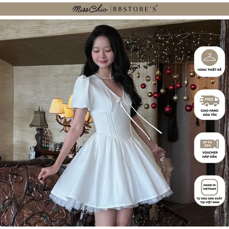 Đầm Ngắn Cổ V Tay Phồng Tùng Xếp Xoè Đứng Form Chất Cotton Mịn MissChic x BBSTORE'S - D4150B