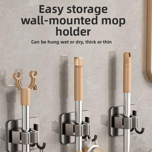 304 Stainless Steel Mop Hook Bathroom No-Drill Storage Mop Clip Wall-Mounted Strong Adhesive Hook Mop Holder