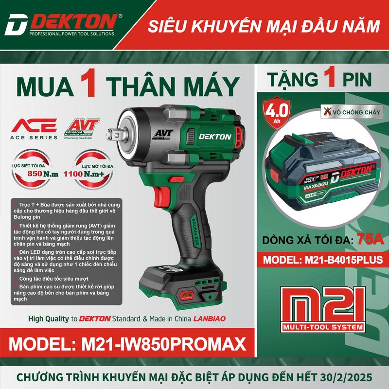 [Tặng 1 PIN 4aPLUS] Khi Mua Thân Máy Siết Bulong 850Nm Dekton / M21-IW850PROMAX / Chân Pin Phổ Thông Makita